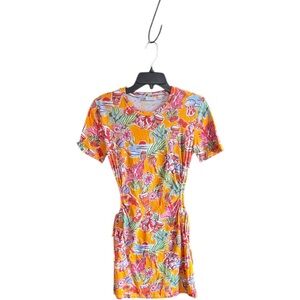 Zara bright tropical print cotton dress with open sides with drawstrings Sz S